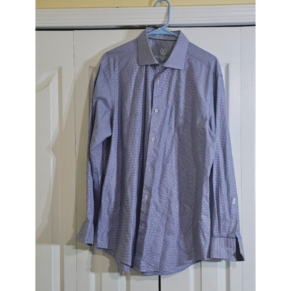 Bugatchi Uomo Mens Blue White Micro Houndstooth Dress Shirt 17 34/35 Cotton